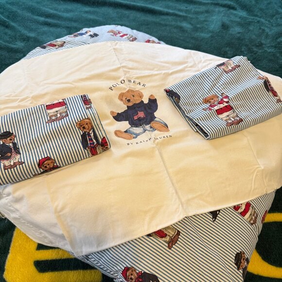 Ralph Lauren Polo Vtg Teddy Bear Blue Stripe Twin Comforter & 3 Pillow Cases - Picture 2 of 13